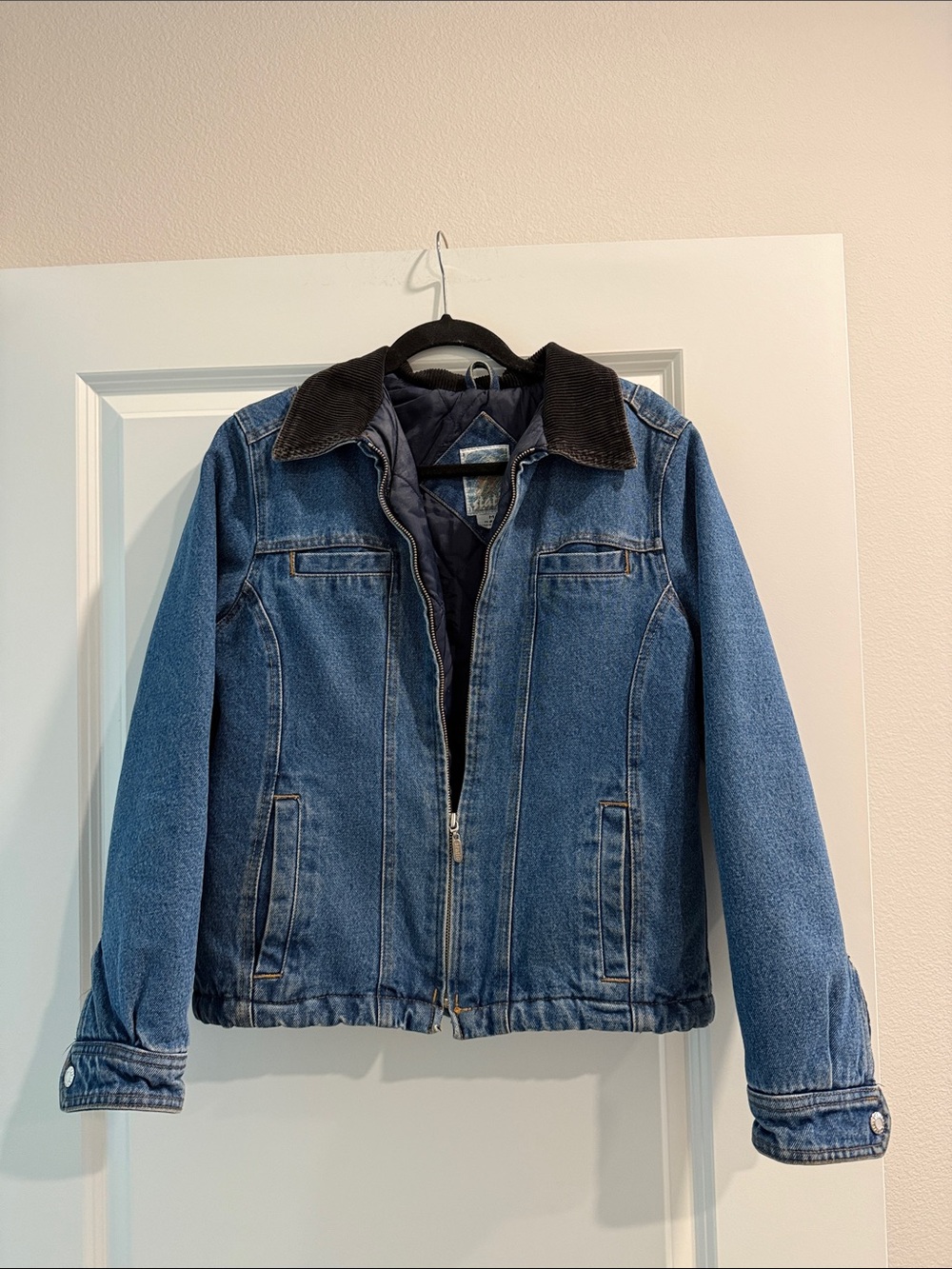 Vintage STATIC Blue Denim Jacket with Contrast Collar lined sz m